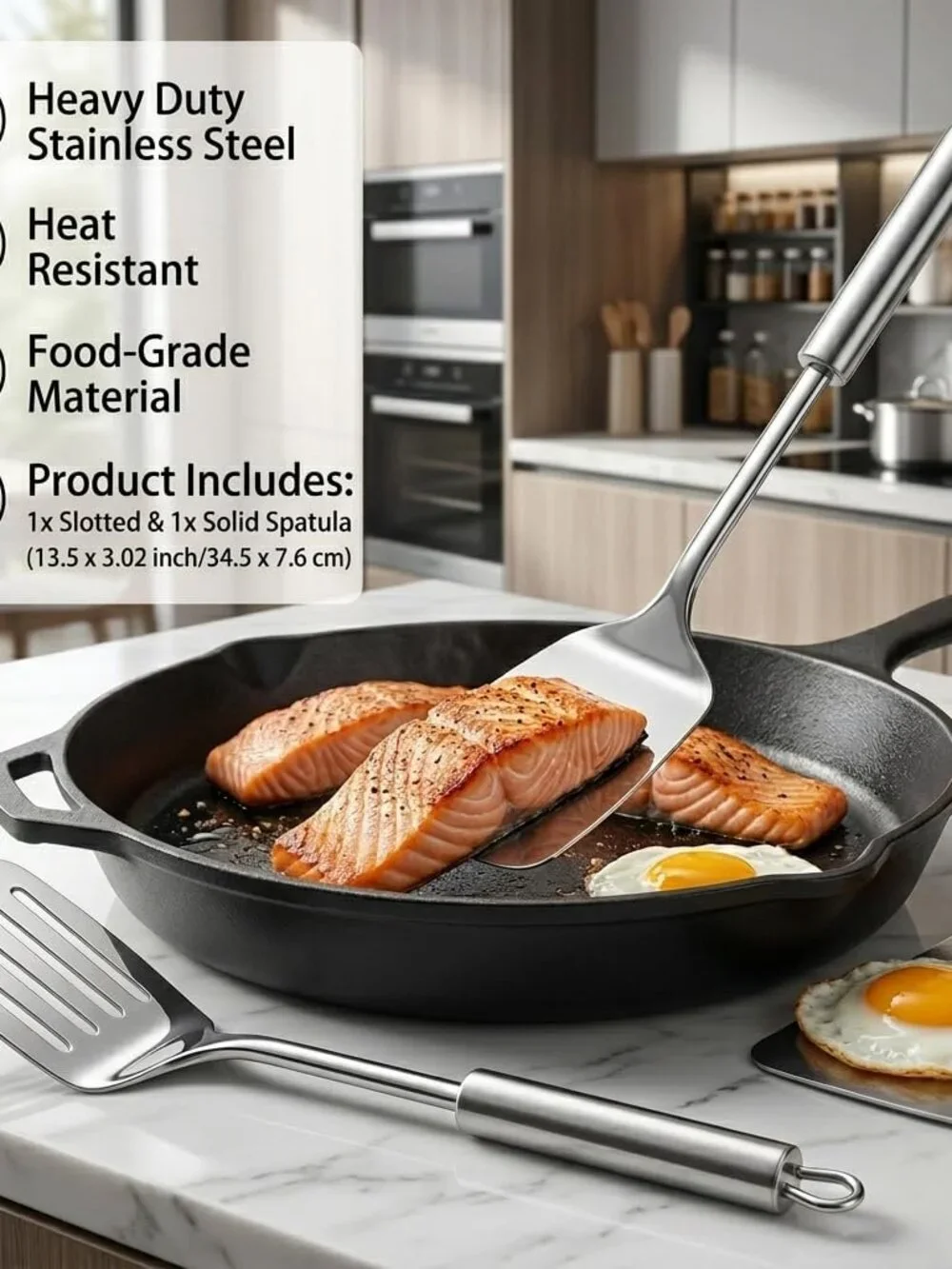 Silver Spatula Set, 13.5-inch Stainless Steel Solid & Slotted Spatula Turner, He
